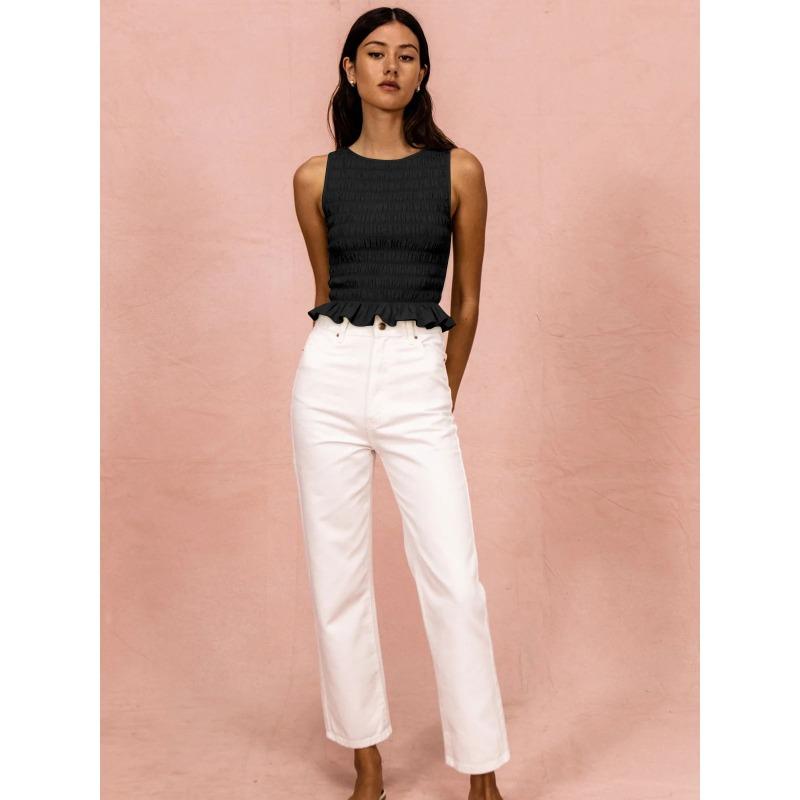 Women's Spring New Pleated High Stretch Slim Top with Ruffled Edge