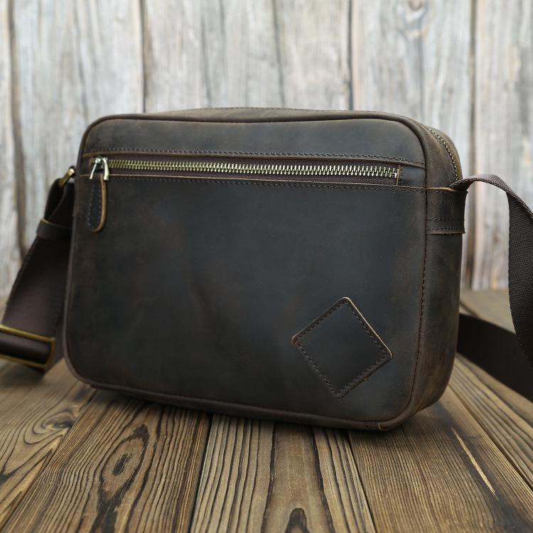 Vintage Crazy Horse Leather Men's Crossbody Messenger Bag - Genuine Leather, Handmade, Casual, and Trendy.