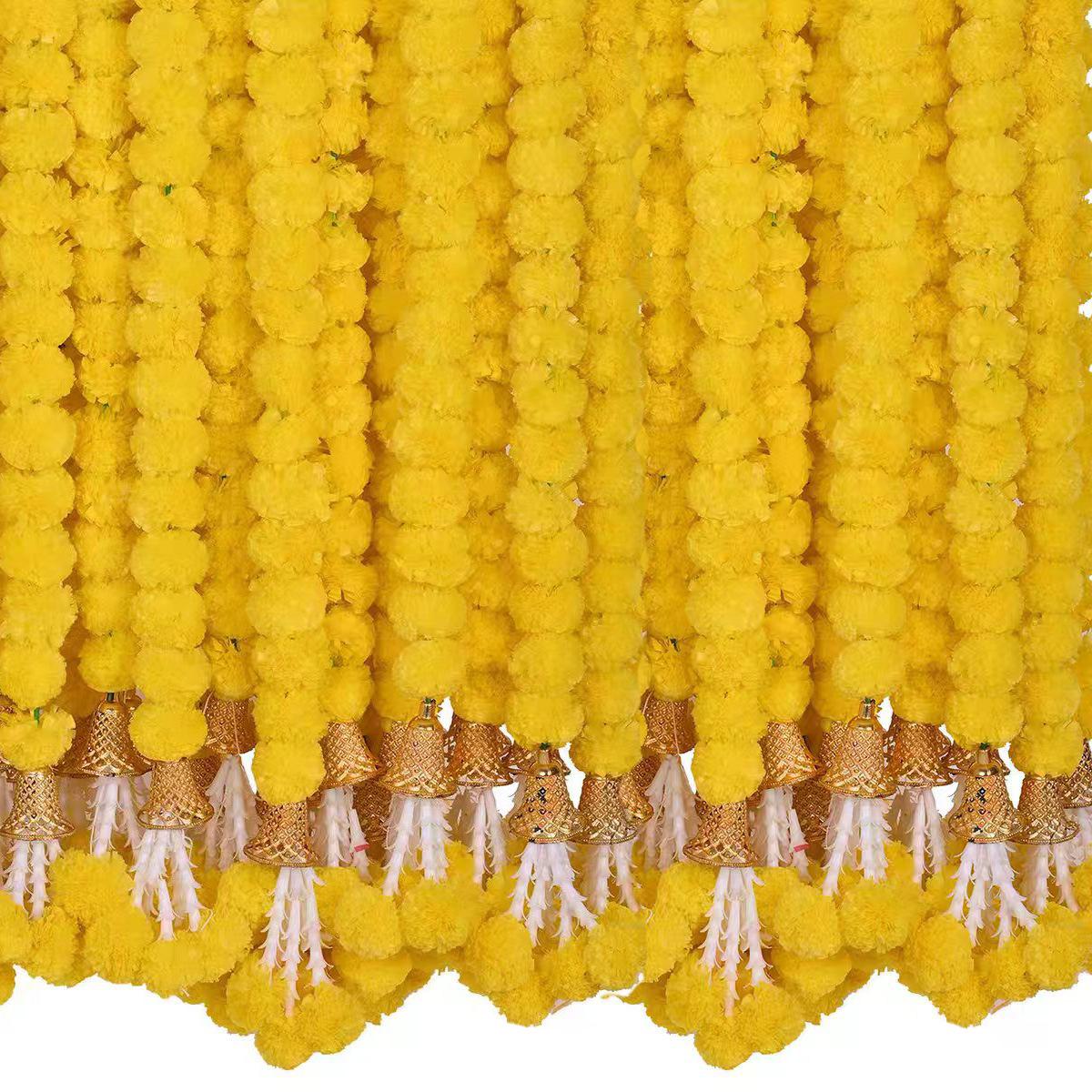 

10-100Pcs Marigold Garland 5Ft Artificial Marigold With Bell For Haldi Mexican Party Fiesta Day Of The Dead Diwali Pooja Decor (As shown-24120)-10