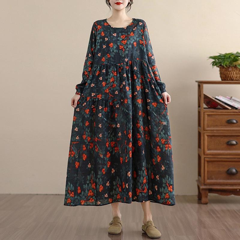 Long Sleeve Plus Size Cotton Vintage Floral New In Dresses for Women Casual Loose Spring Summer Autumn Dress