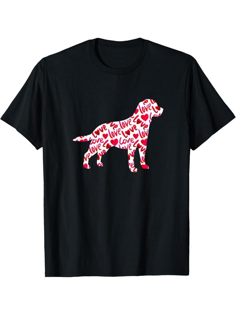 Labrador Dog Silhouette Love Heart Valentine Graphic T-Shirt Casual Cotton Short Sleeve Tee