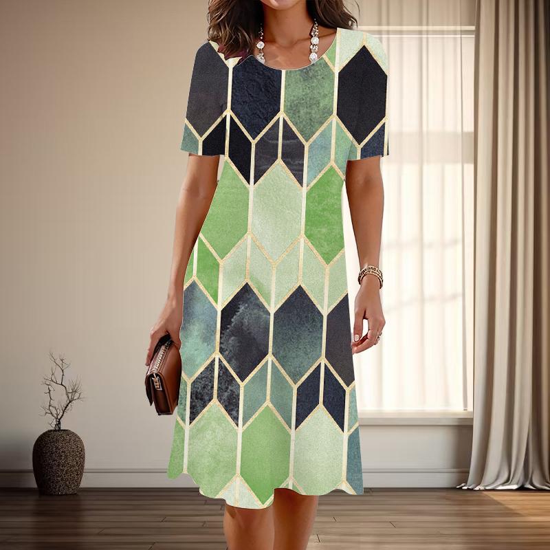 Women's Fashion Graceful Simple Grid Print Summer Spring Short Sleeve O-Neck Casual Dresses