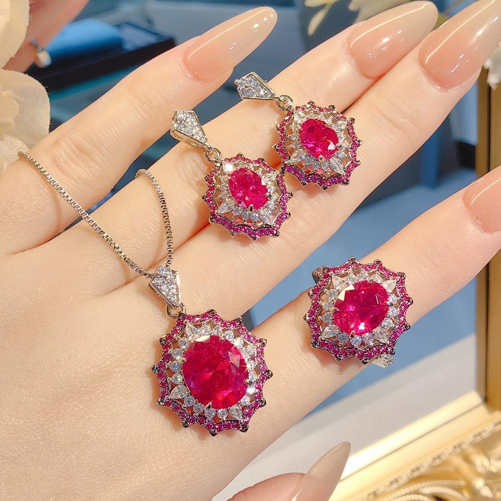 Lighting Color-Changing Red Corundum Set, High Carbon Diamond Ring, Two-Color Black Gold Pendant Necklace, Blue Pointed Crystal Colored Treasure Stud