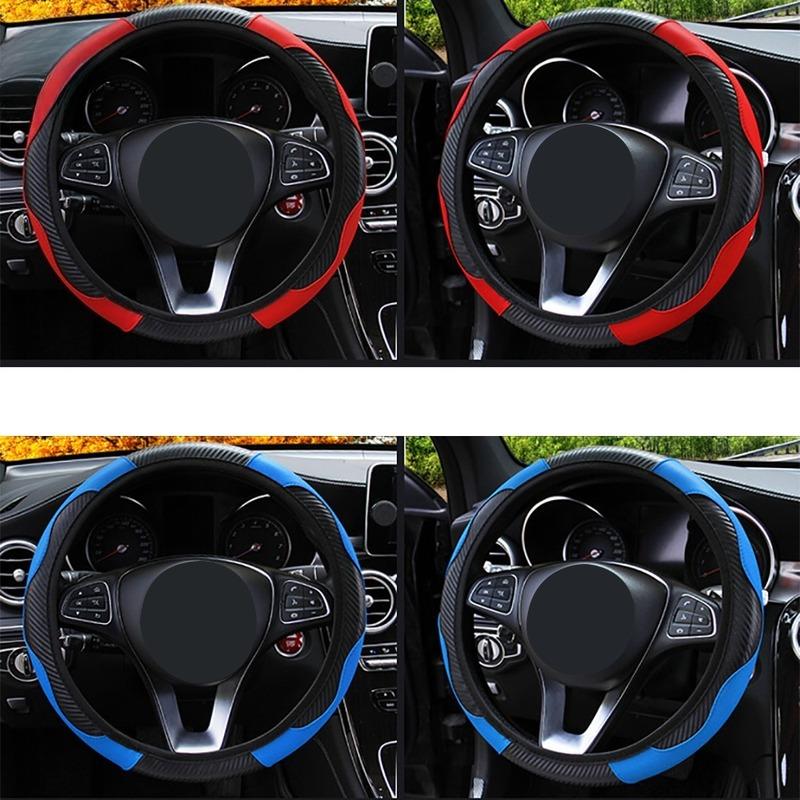 Coprivolante in Pelle PU Stile Fibra di Carbonio 37-38cm Universale Antiscivolo Traspirante per Decorazione Interni Auto
