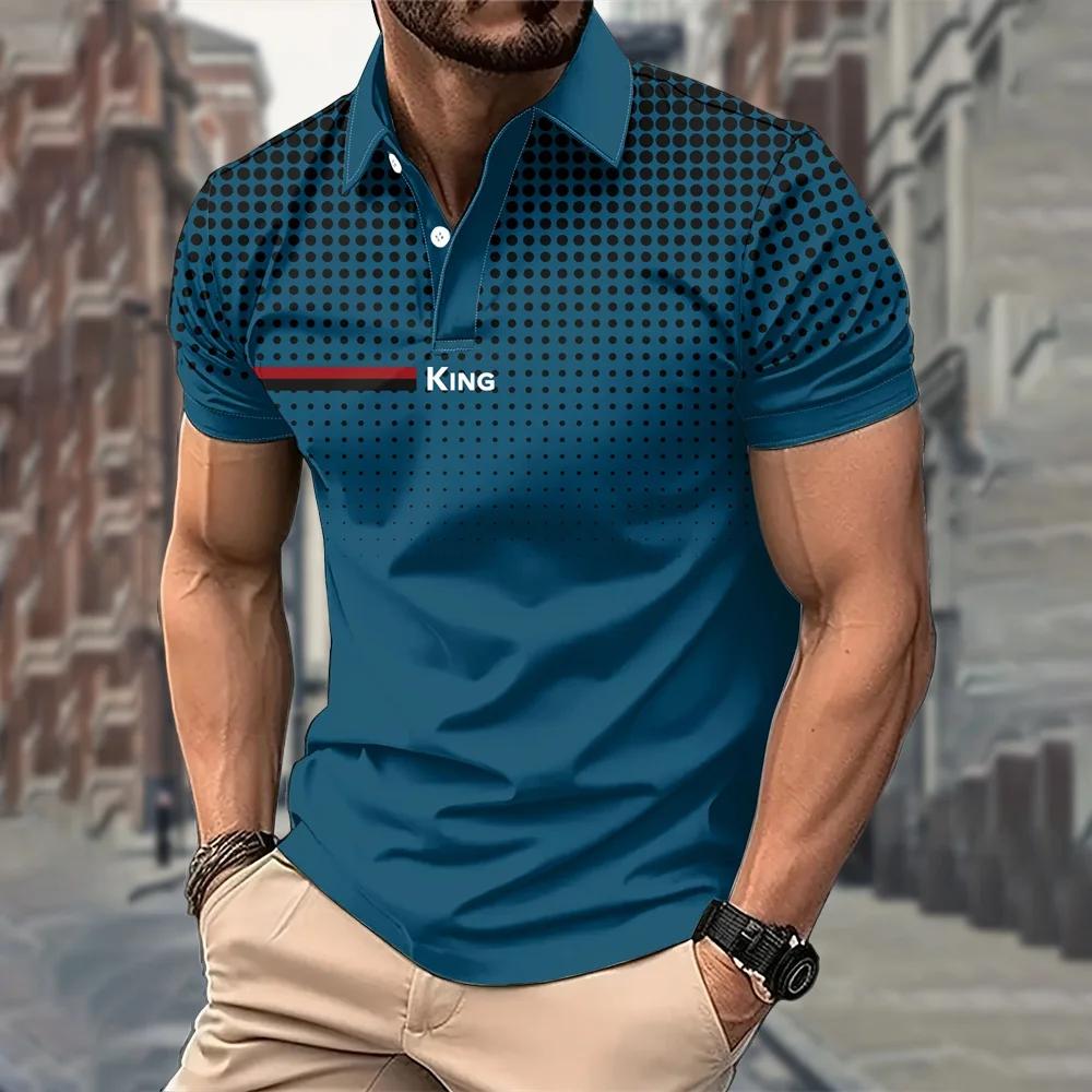 Stylish Polka Dot Short Sleeve Polo Shirt with 'KING' Print, Casual Fashion Top