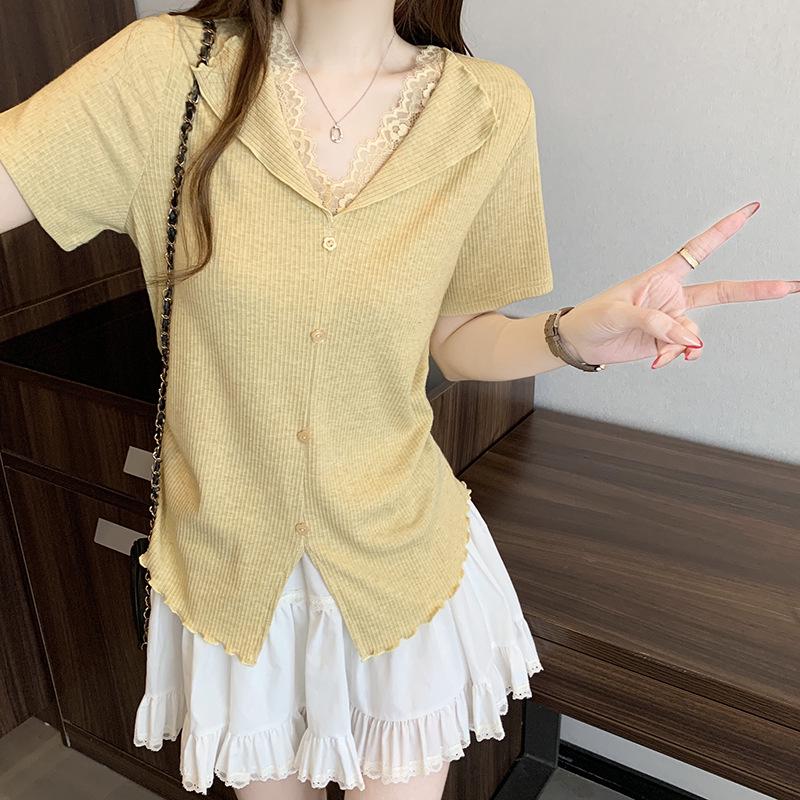 

2026 Summer Plus Size Women s Fashion Lace Patchwork V-neck Ruffle Short Sleeve Top 3XL жовтий