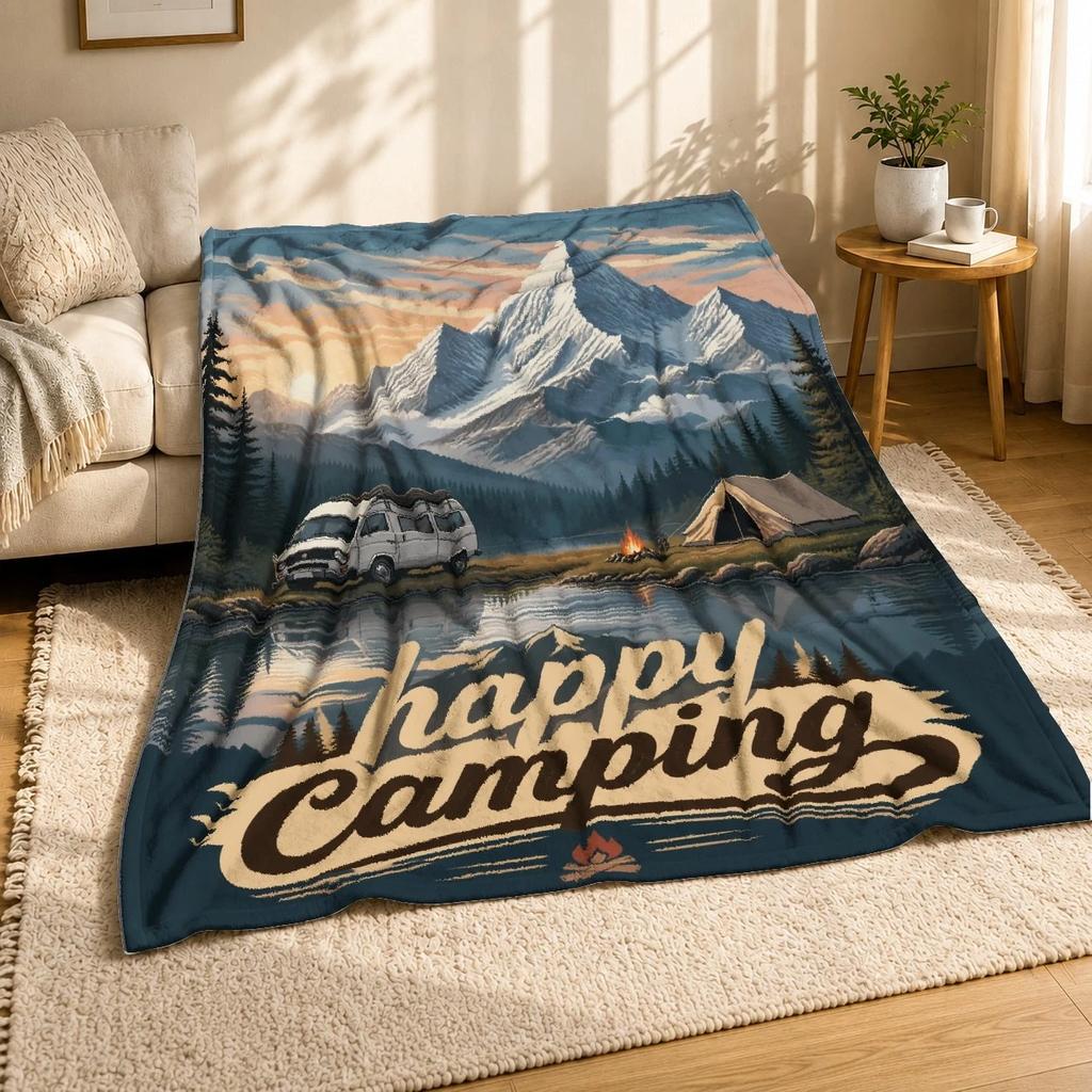 Happy Camping Mountain Lake Coral Fleece Blanket