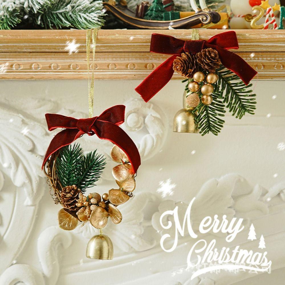 Wreath Christmas Chime Bell Red Pine Cone Bell Pendant Christmas Velvet Bow Bell  Xmas Decor