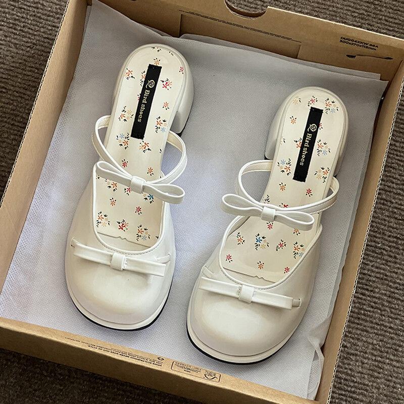Fairy style bow wedge single shoes women's outer wear 2025 new open-toed square head with skirt temperament slippers tide
