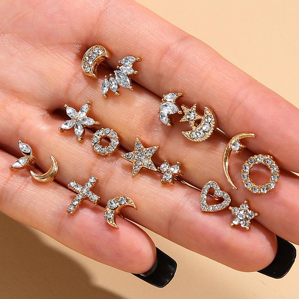 Personality Temperament Asymmetrical Stud Earrings, Fashionable Diamond-Set Stars Moon Geometric Earrings Women
