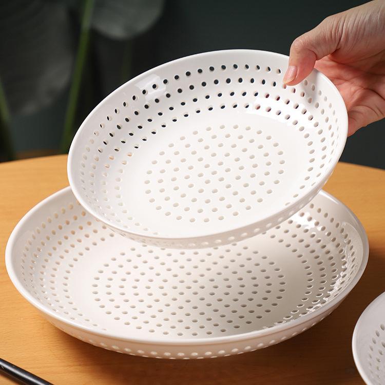 Creative Ceramic Steaming Plate Drain Plate Round Steamer Steamer Fruit Plate Household Porous Steamed Buns Seafood Dumpling Plate