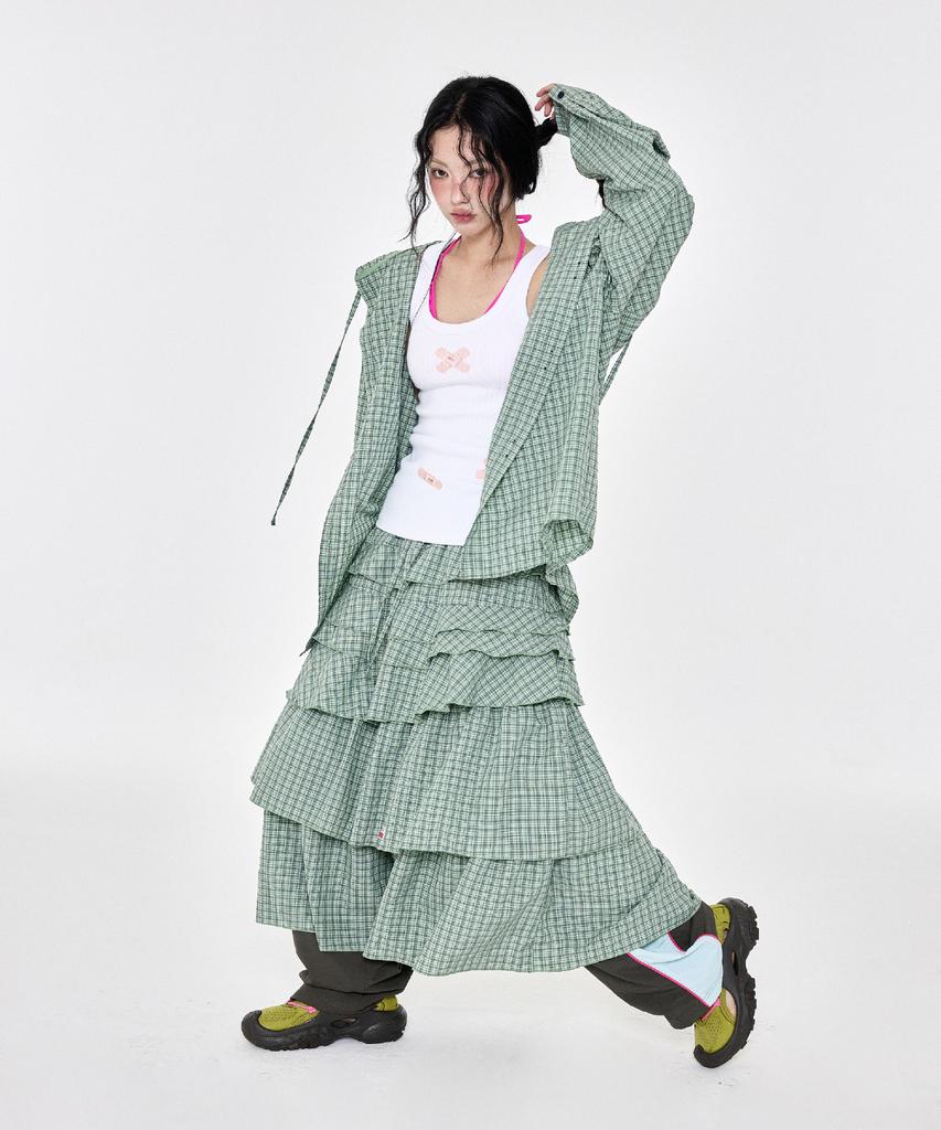 Yegeu Check Ruffle Skirt Green