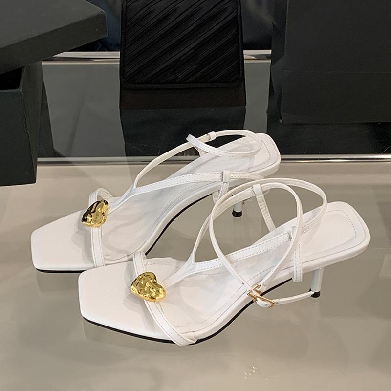 

Summer Fashion Metal Buckle Decoration Narrow Band Gladiator Sandals Women Square Toe Low Thin Heels Party Dress Shoes 40 белый