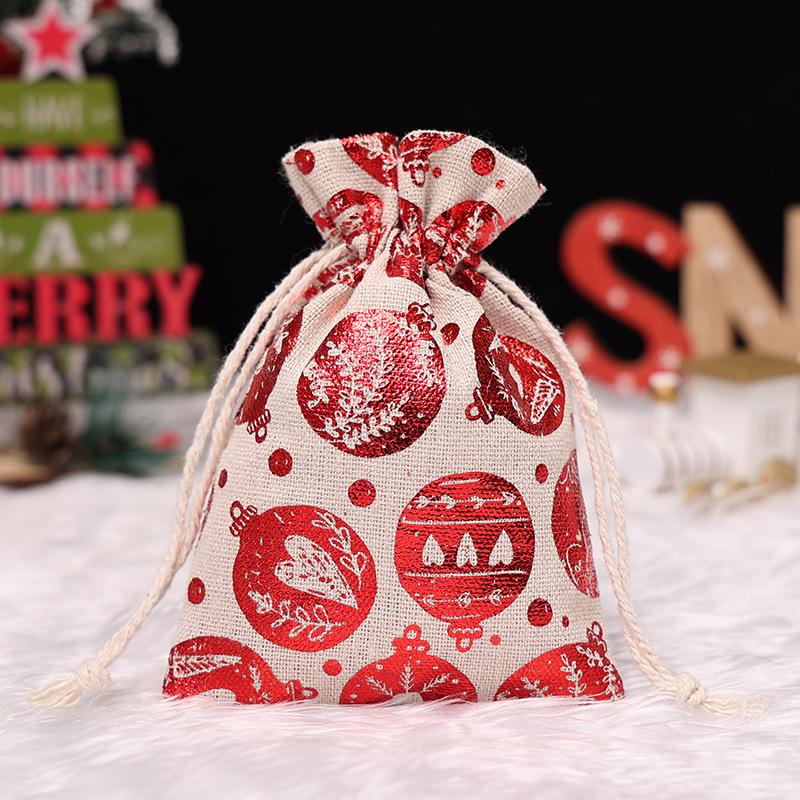 Christmas Gold Foil Cotton Linen Drawstring Gift Bag for Candy