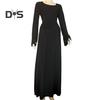 Women Dress U Neck Long Sleeve A Line Slim Fit Skinny Elastic Long Horn Sleeve Back Strap Lace Up Ankle Length Solid Color Maxi Dress