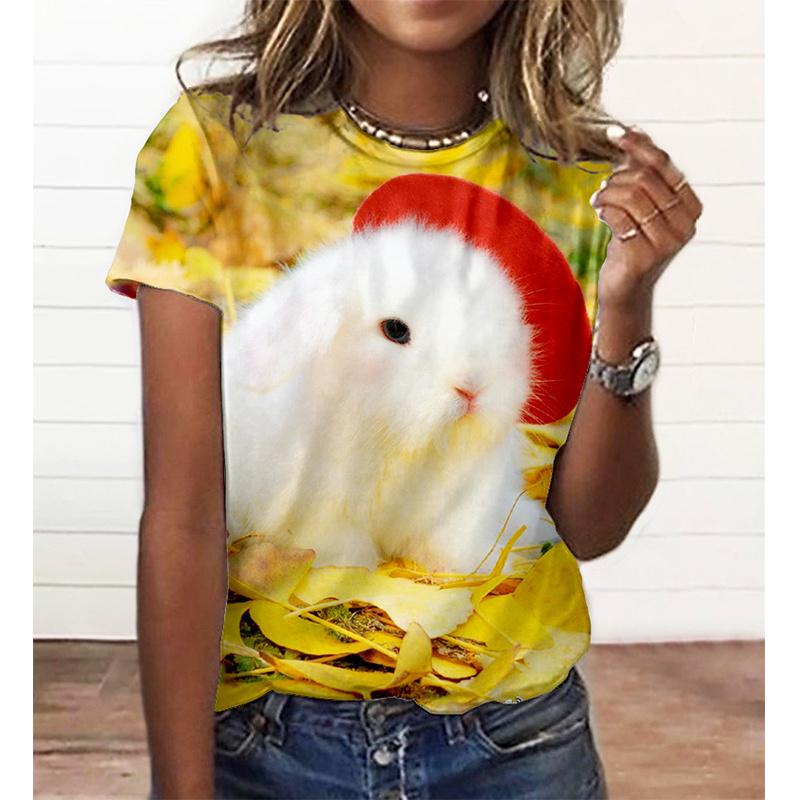 Cute Rabbit Pattern T Shirt For Women Funny Animal 3D Printed Tees Summer Loose Tops Short Sleeve Round Neck T-Shirts Streetwear