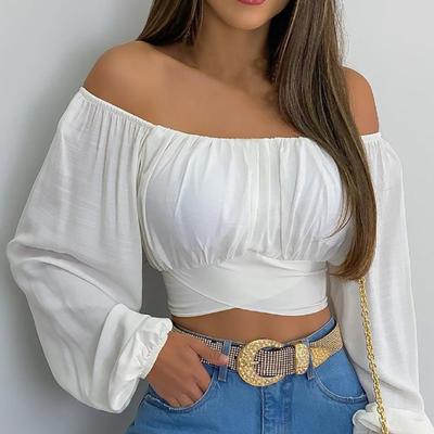 Flower Print Cross Strap Exposed Navel Women Blouse Off Shoulder Lantern Long Sleeve Pullover Top Club Wear