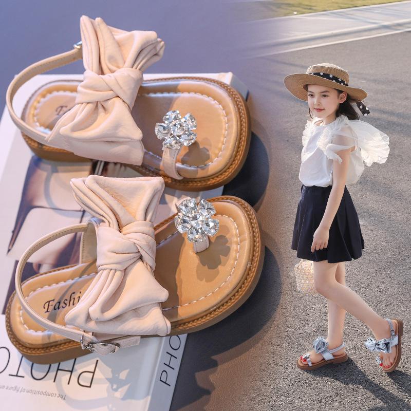 Girls' Bowknot Open-Toe Sandals2026New Summer Rhinestone Heart Princess Sandals for Older Girls and Little Girls