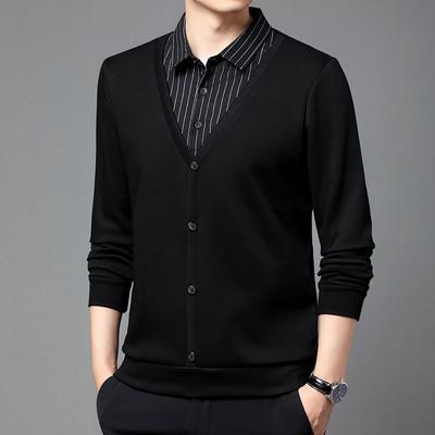 Fake Two-piece T-shirt Men's Striped Shirt Collar Spring and Autumn Dad Wear Warm Casual Sweater