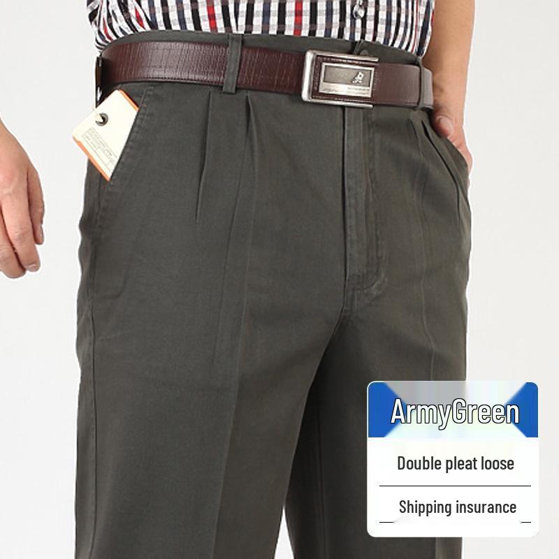 Dad's Pants Men's High Waist Cotton Double Pleated Loose Fit Pants for Spring & Autumn