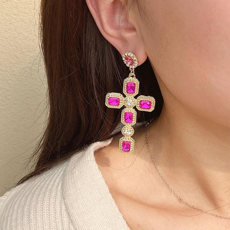 Pinkdudu Personality 3 Color Glass Cross Drop Earrings Vintage Romantic Luxury Rhinestone Earring for Women Jewelry PD1300