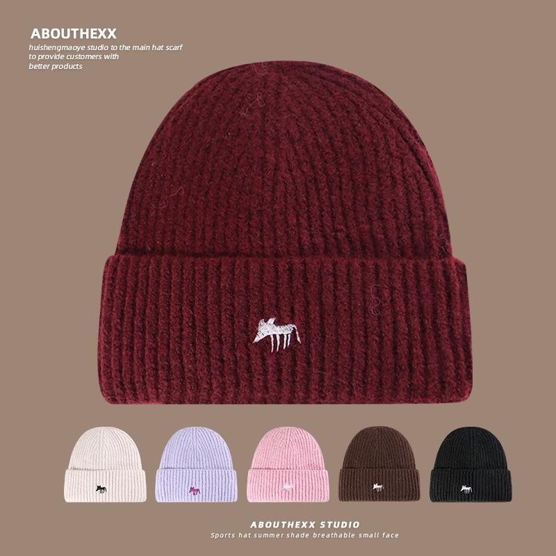Couple Style Cute Cartoon Little Fox Embroidered Hat for Women Autumn and Winter Warm Knitted Hat Ear Protection Korean Style Woolen Hat for Men