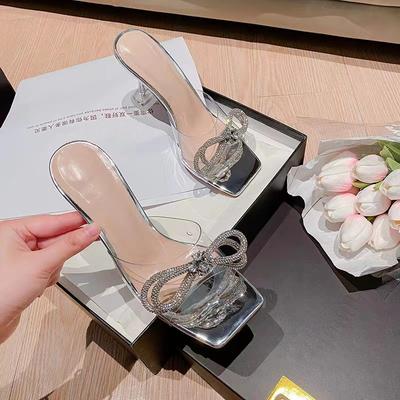 Transparent High Heels Women's New Cool Slippers In the Summer of 2024 Wear Thin Heels Versatile Bow Crystal and Slippers