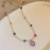 Trend Sweet Cool Wind Colorful Stone Heart Necklace for Women Pink Heart Chains Necklaces Pendants Fashion Aesthetic Y2K Jewelry