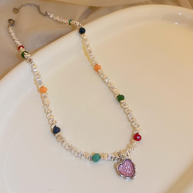Trend Sweet Cool Wind Colorful Stone Heart Necklace for Women Pink Heart Chains Necklaces Pendants Fashion Aesthetic Y2K Jewelry