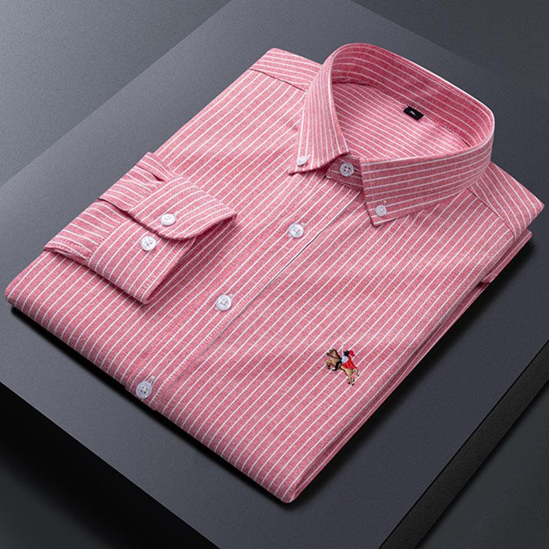 

Весенне-осенняя мужская модная полосатая рубашка с вышивкой, молодежная рубашка с длинным рукавом, с пуговицами на шее и длинным рукавом 3XL розовый