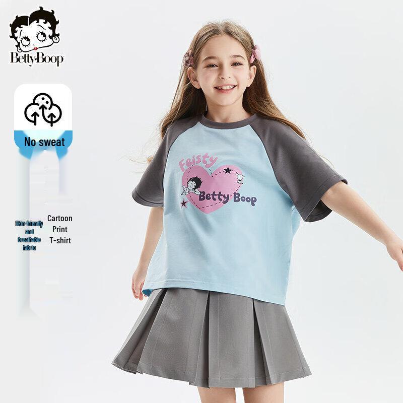 Girls Casual Heart Print Short Sleeve T-Shirt 140 cm синий