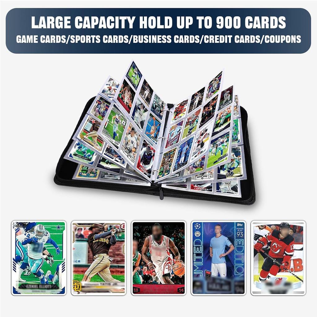 Card Album with Zipper, 9-Pocket 50 Pages Holds 900 Cards, Wear-Resistant and Waterproof, Ideal for Collectors