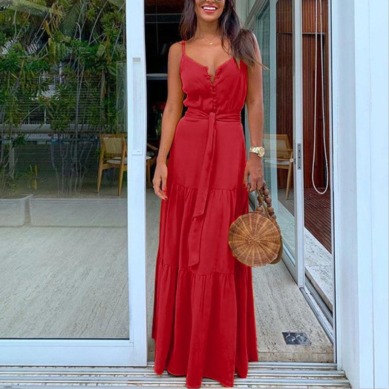 

Платье без рукавов на тонких бретельках, длинное платье BOHO Maxi Dress Женское платье-сарафан S красный