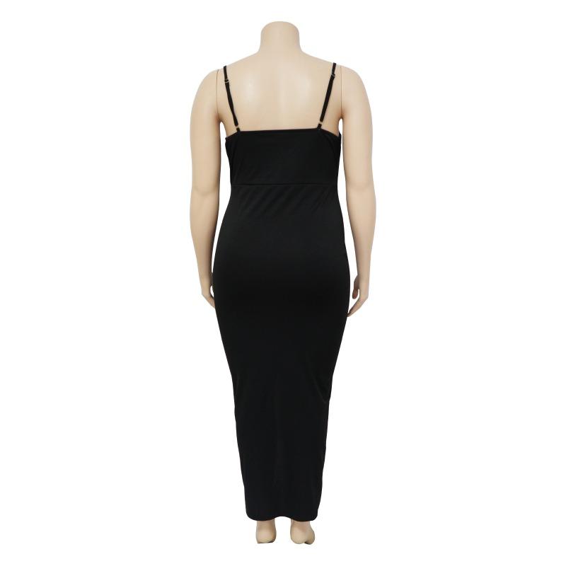 Plus Size Black Halter Deep V Neck Twist Front Ruched Split Bodycon Maxi Dress
