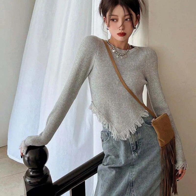 Tassel T Shirt Korean Style Solid Color Crop Top Autumn Long Sleeve Tees Slim Fashion Tshirts Femme O-neck Clothes Japanese