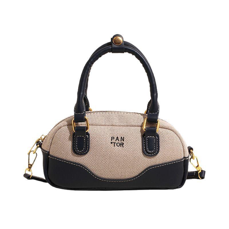 Contrasting Color Retro Small Bowling Bag Niche Design Women's Handbag Simple Commuter Boston Shoulder Pillow Bag