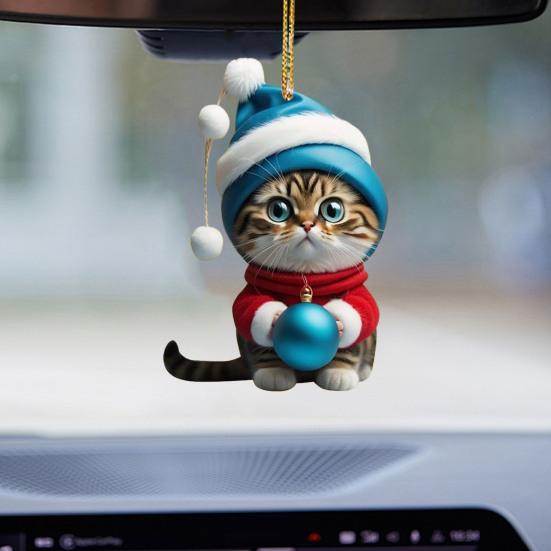 Christmas Cat Ornament Xmas Tree Decor Hanging Backpack Keychain Acrylic Holiday Accessory for Car Rearview Mirror Window Bag Key