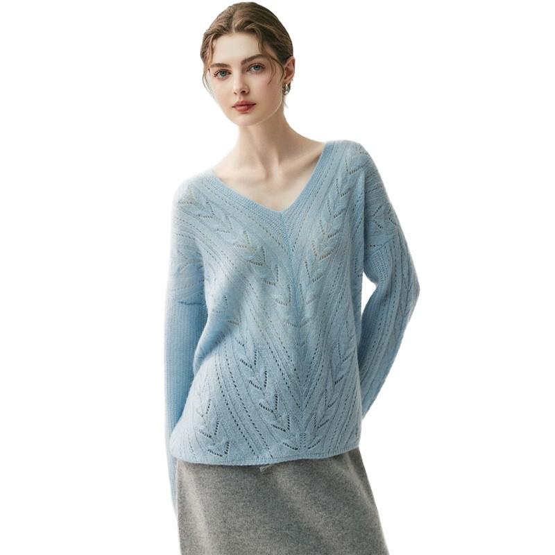 2025 Autumn/Winter Women's Leaf Pattern V-Neck Cashmere Knit Sweater Jumper