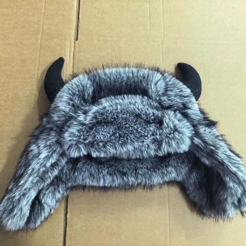 Windproof Fabric Winter Trapper Caps Mink Texture Bull Horns Bonnet Commute Warmth