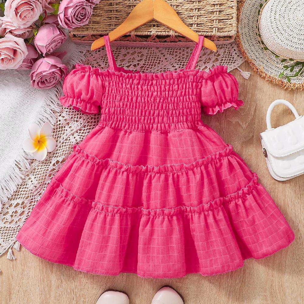 Mädchen Träger Plissee Kleid Kind Sommer Knospe Ärmel Casual Nähte Kuchen Prinzessin Kleider Kinder Baby Kleidung für 2 bis 8 Jahre alt