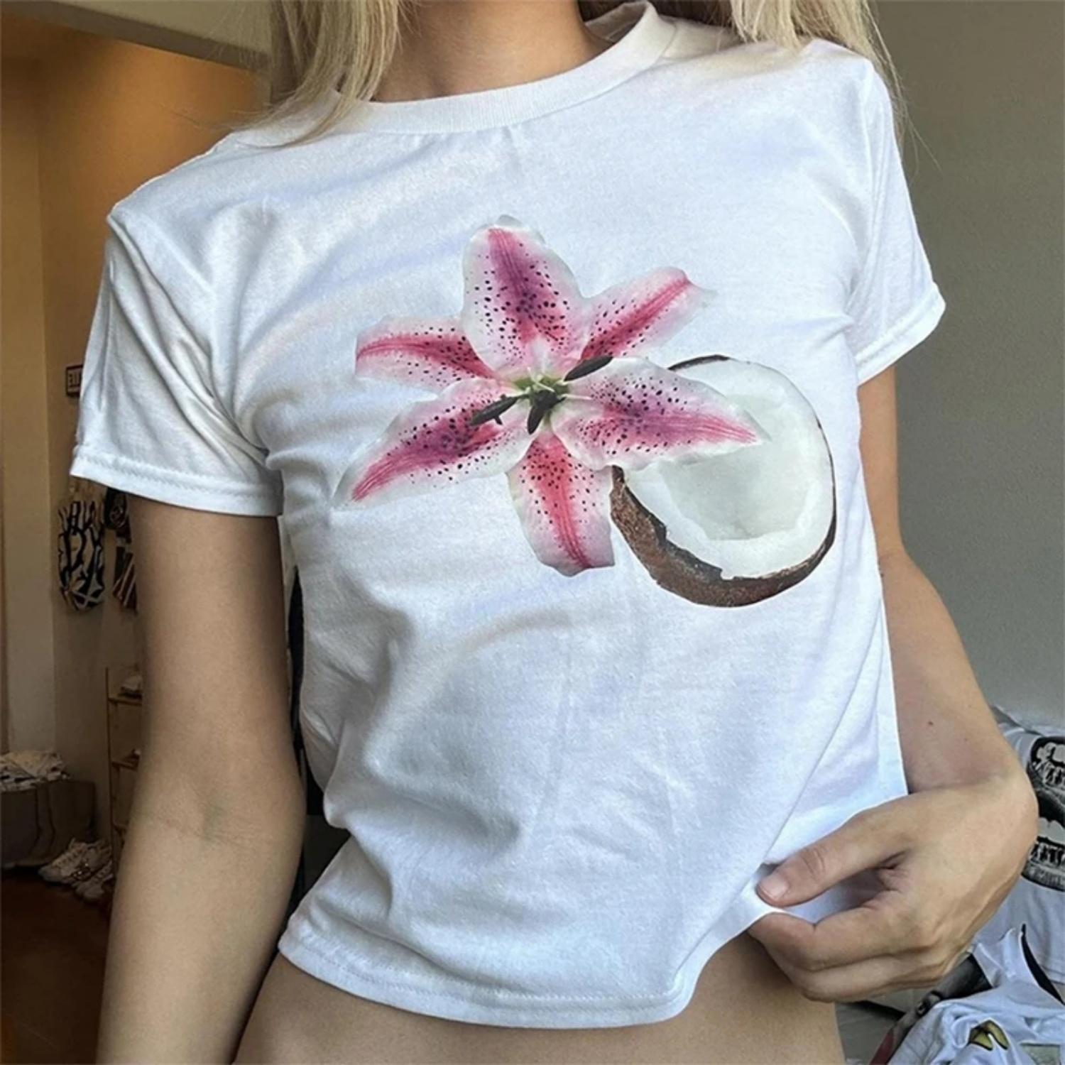 

Women s Flower Baby Tees Y2k Preppy Ocean Beach T-shirt Aesthetic Streetwear Teen Girl Short Sleeve Crop Tops Casual Loungewear XXXXXL