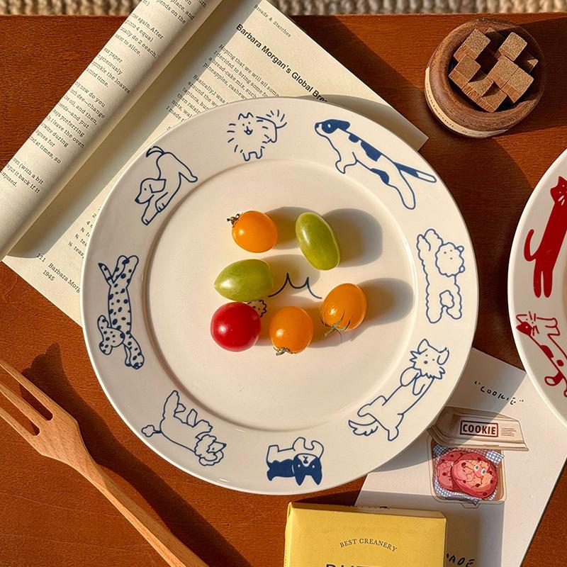 Korean Cute Cat Puppy Graffiti Plate Ins Ceramic Breakfast Plate Vintage Household Utensils Coffee Shop Cake Dessert Fruit Plate