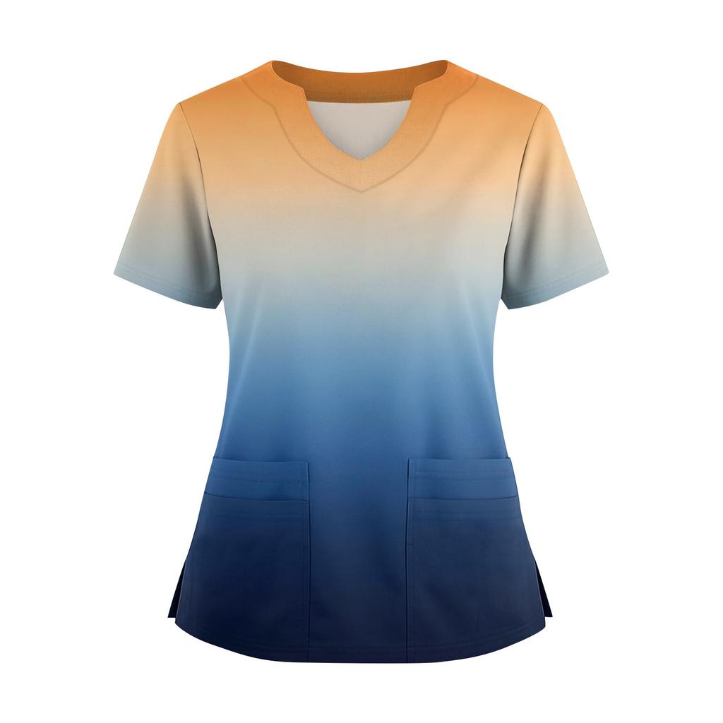 Women's Loose Short Sleeved Fashionable Stripes And Gradients Printing V-neck Buttonable Side Slit Top T-shirt