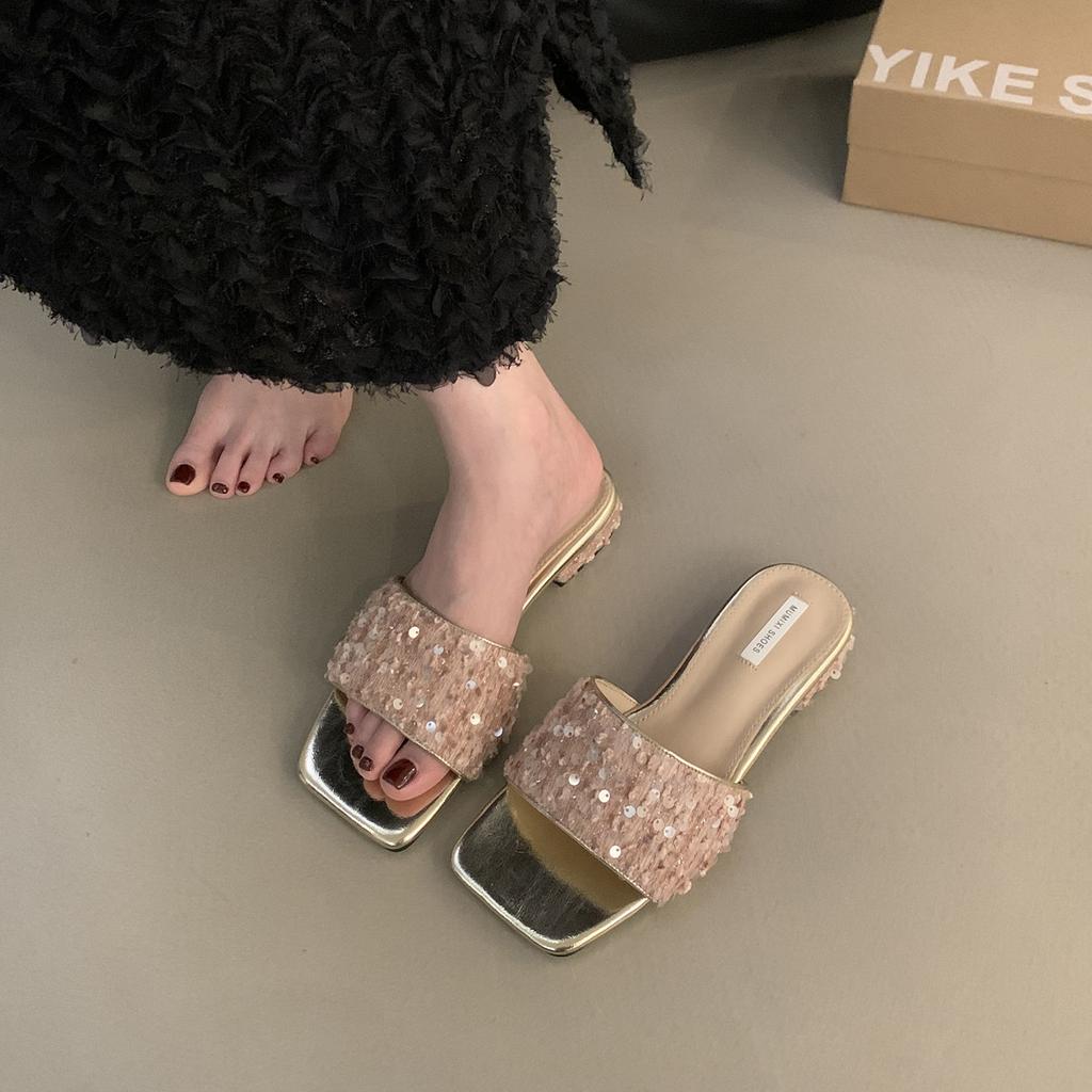 French Rhinestone Sequined Thick Heel Slippers Women's Summer Wear 2025 New Low Heel Design Silver Sandals