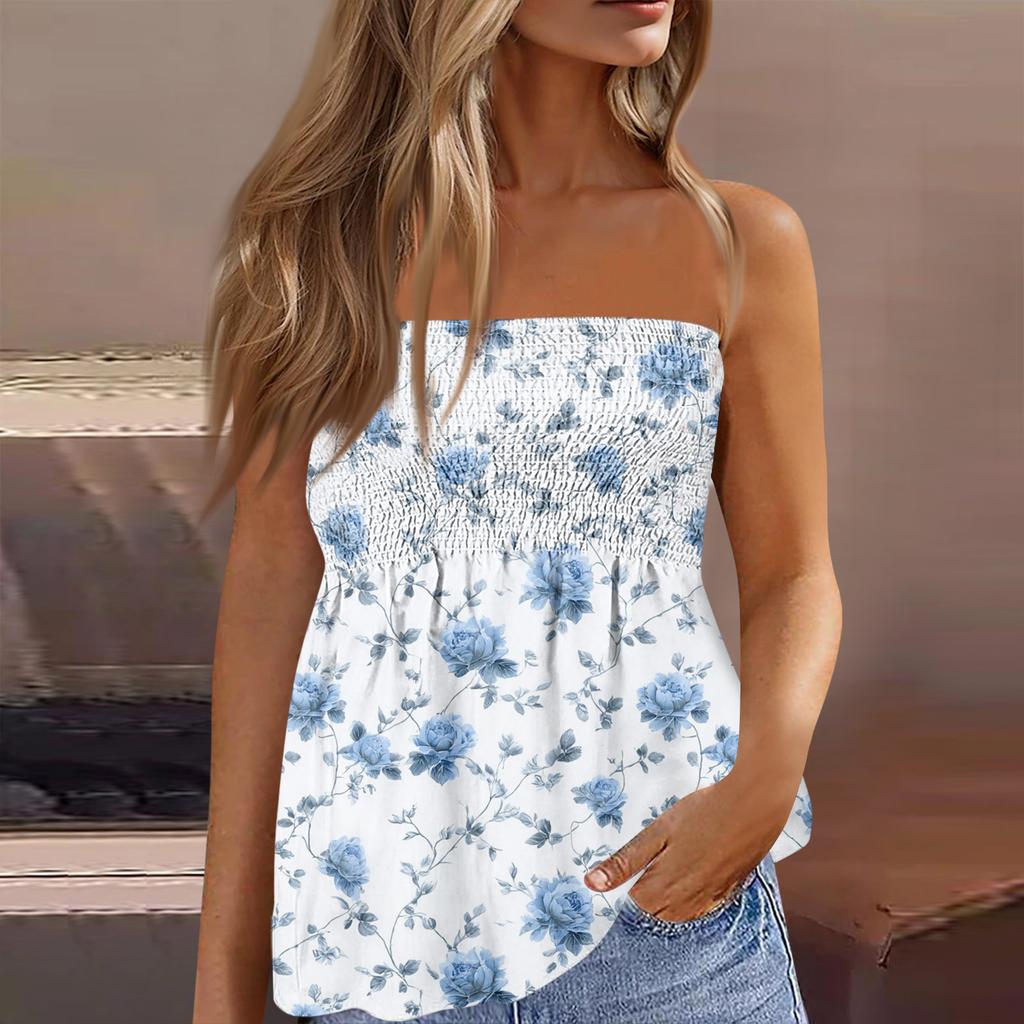 Women's Fashionable And Sexy Backless Elastic Floral Print Strapless Slimming T-shirt Top