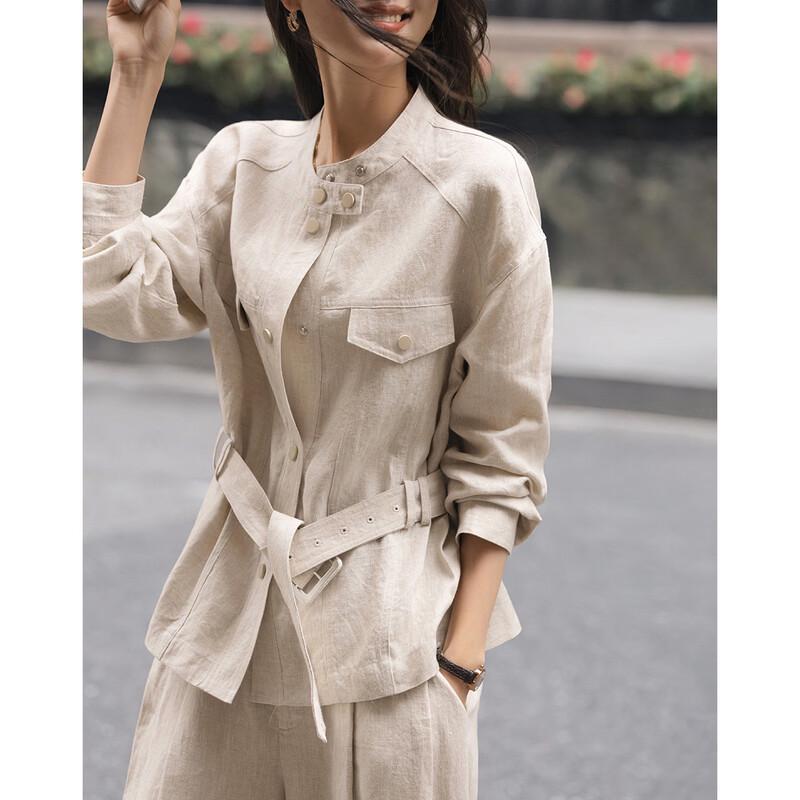 

Demana 100% Linen Stand Collar Belted Coat XL