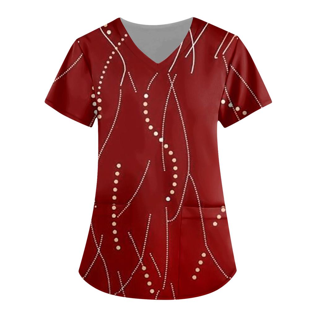 Damenmode V-Ausschnitt Kurzarm Arbeitskleidung mit Taschen Bedruckte Oberteile Sommeroberteile für Frauen