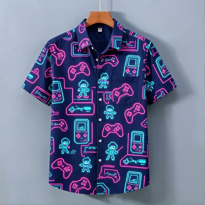 Herren Neon Print Hemd, Kurzarmhemd mit Taschen, Buntes Party-Atmosphäre Oberteil, Geeignet für den täglichen Gebrauch und den Urlaub
