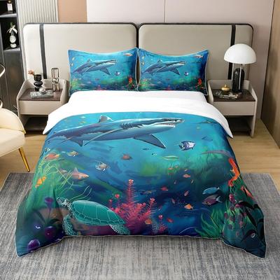 Juego de Funda Nórdica de Tiburón Tamaño Individual Niños Niños Ropa de Cama de Tiburón Mar Océano Estampado Animal Juego de Funda Nórdica, Juego de Funda Nórdica Todas las Estaciones