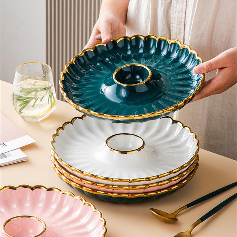 Round Snack Plate with Dip Dish Ceramic Dumpling Plate Phnom Penh Porcelain Tableware Salad Sushi Dish Home Kitchen Supplies